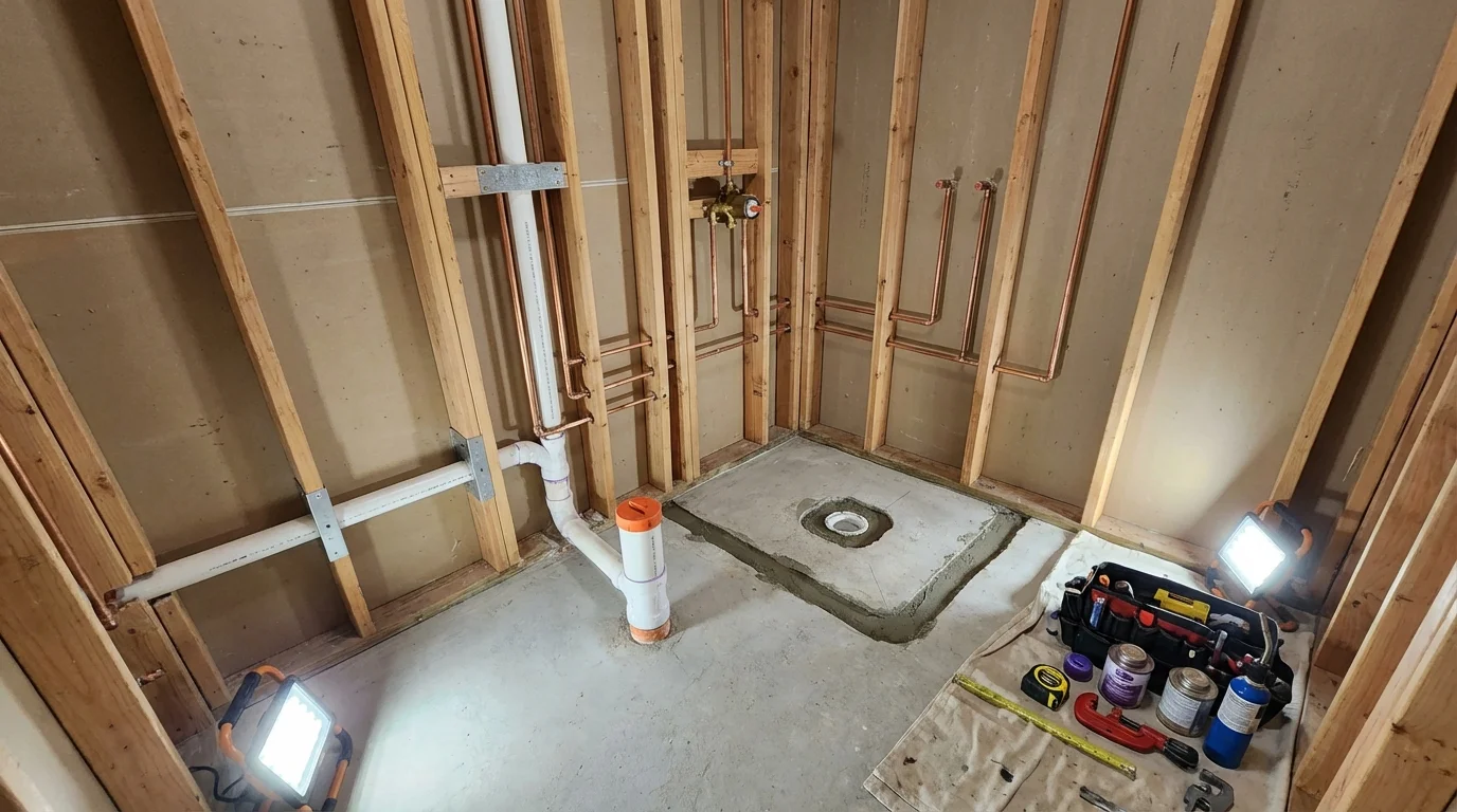 Bathroom rough-in plumbing during remodel by Johns Plumbing LLC in Lorain