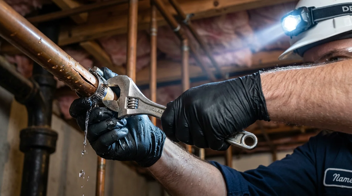 Emergency pipe clamp repair being performed by a Johns Plumbing LLC plumber in Lorain