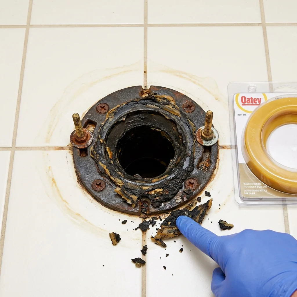 Failed wax ring showing water seepage at the base of a toilet in a Lorain, OH home