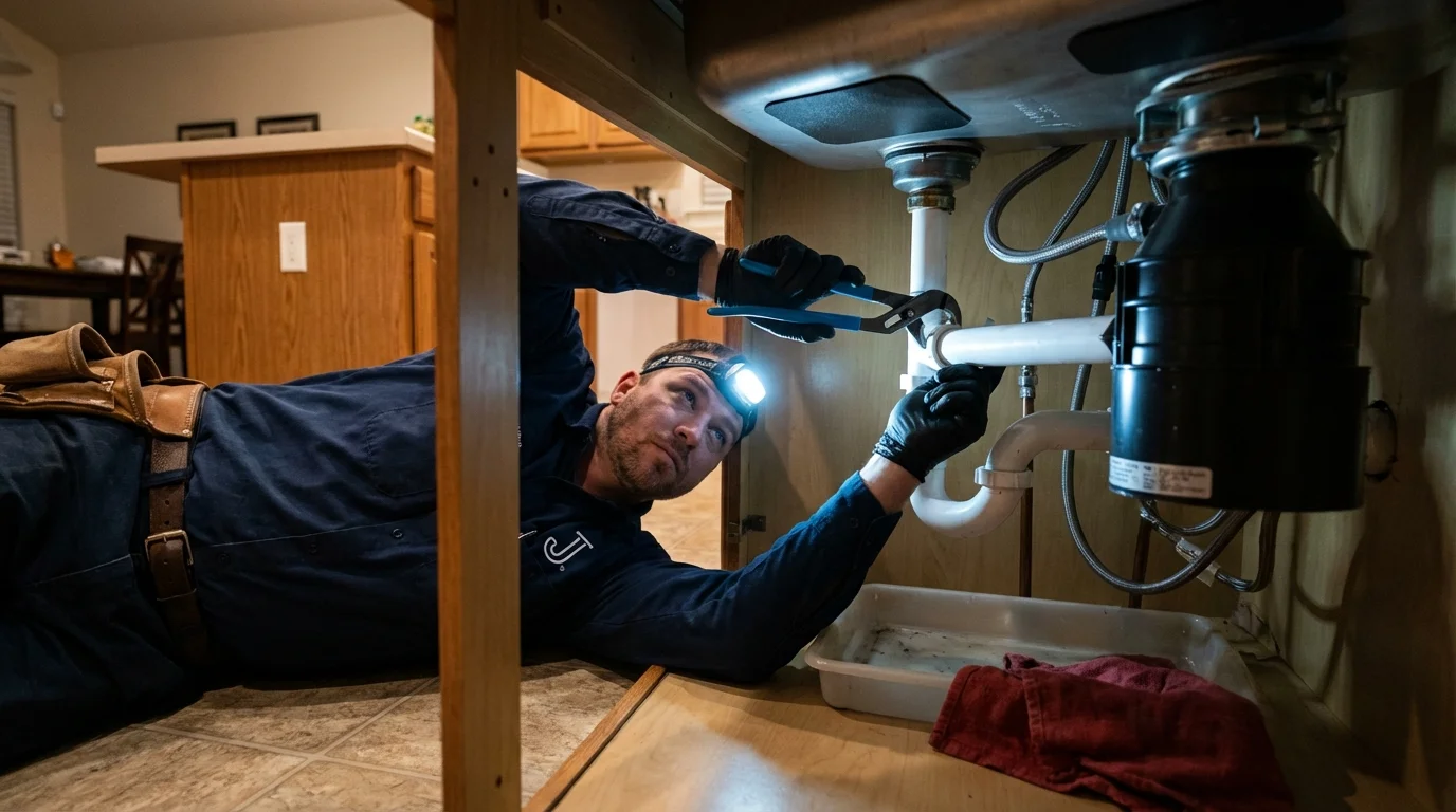 P-trap and supply line connections under a kitchen sink showing a common leak point in Lorain, OH